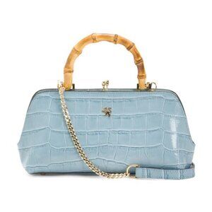 PRATESI Made In Italy Leather Frame Bag With Bamboo Handle